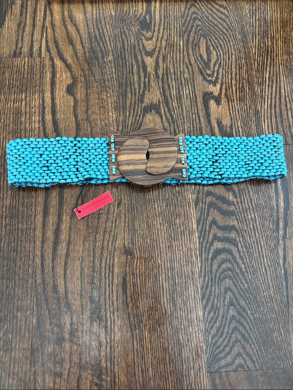 Turquoise Woven Stretch Belt with Decorative Wooden Buckle